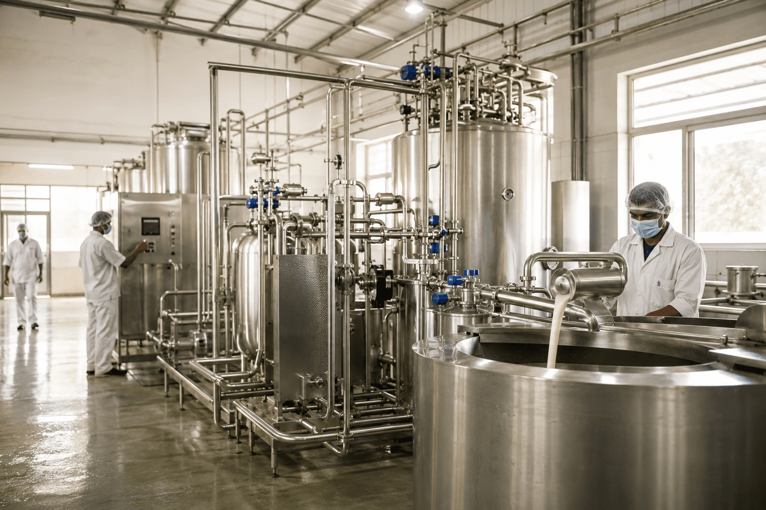 Milk processing equipment inside a dairy facility